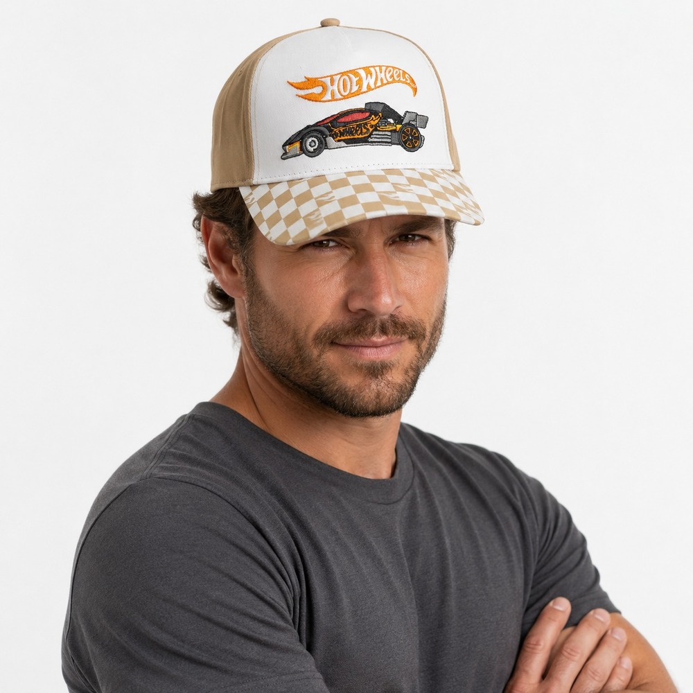 Hot Wheels Racing Snapback Hat‎ OS Tan White Checker Brim SOH34476 New with Tags